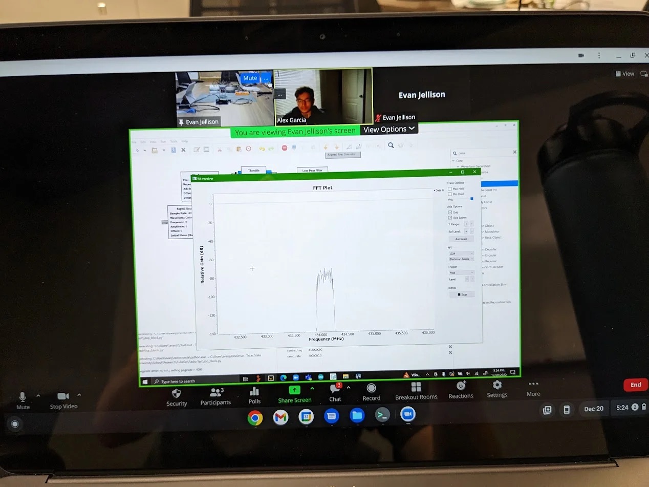 A laptop in the Space Lab showing the first successful telemetry contact with BobcatOrbiter on screen.