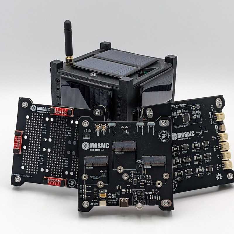MOSAIC modular CubeSat training boards arranged in a grid — the hands-on hardware used in the workshop curriculum.