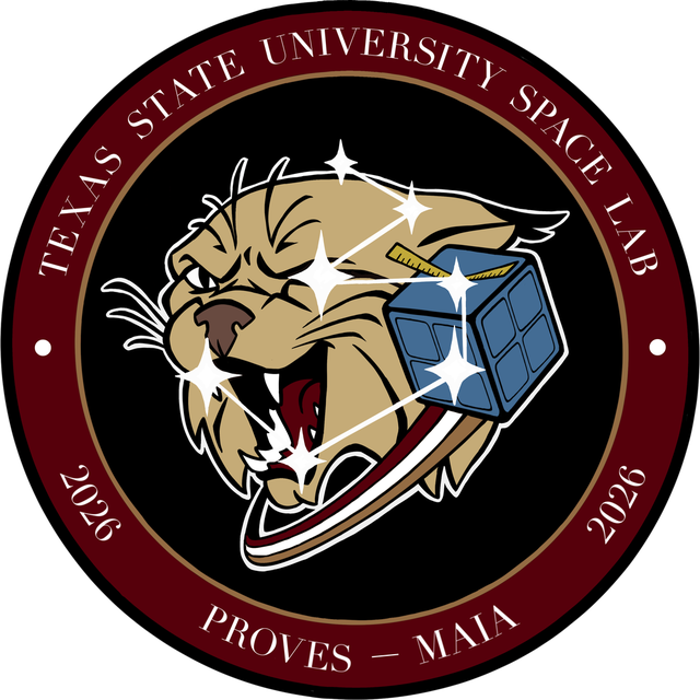 PROVES-Maia mission patch: a bobcat and a CubeSat under a constellation, ringed by the words Texas State University Space Lab, PROVES-Maia, 2026.