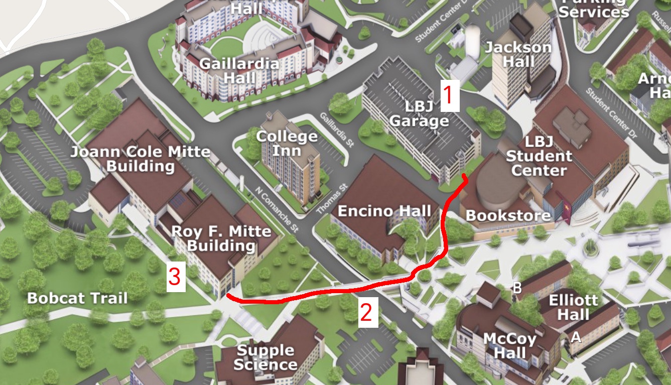 Campus map showing the walking route from the LBJ Student Center Parking Garage, past Encino Hall, to the front entrance of the Roy F. Mitte Building.